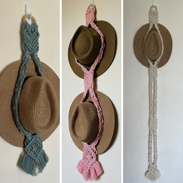 Three macrame heart hat hangers designed to neatly store hats and keep them out of the way.