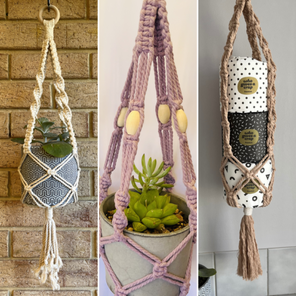 Three different types of macramé pot plant hangers.